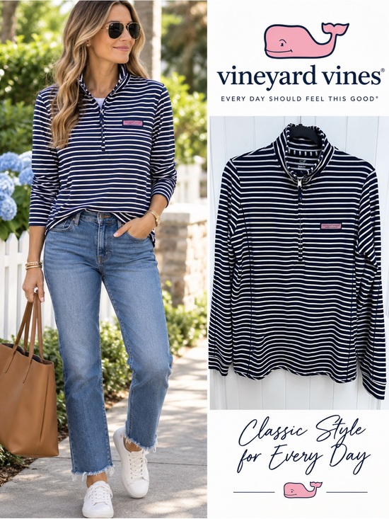 Vineyard Vines Tops - Vineyard Vines Sankaty Navy White Striped Quarter Zip Pullover